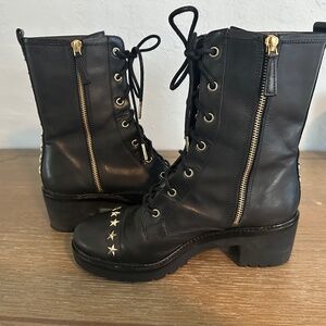 Michael Kors Womens Cody Gold Star Studded Leather Combat Boots 8.5 Black RARE